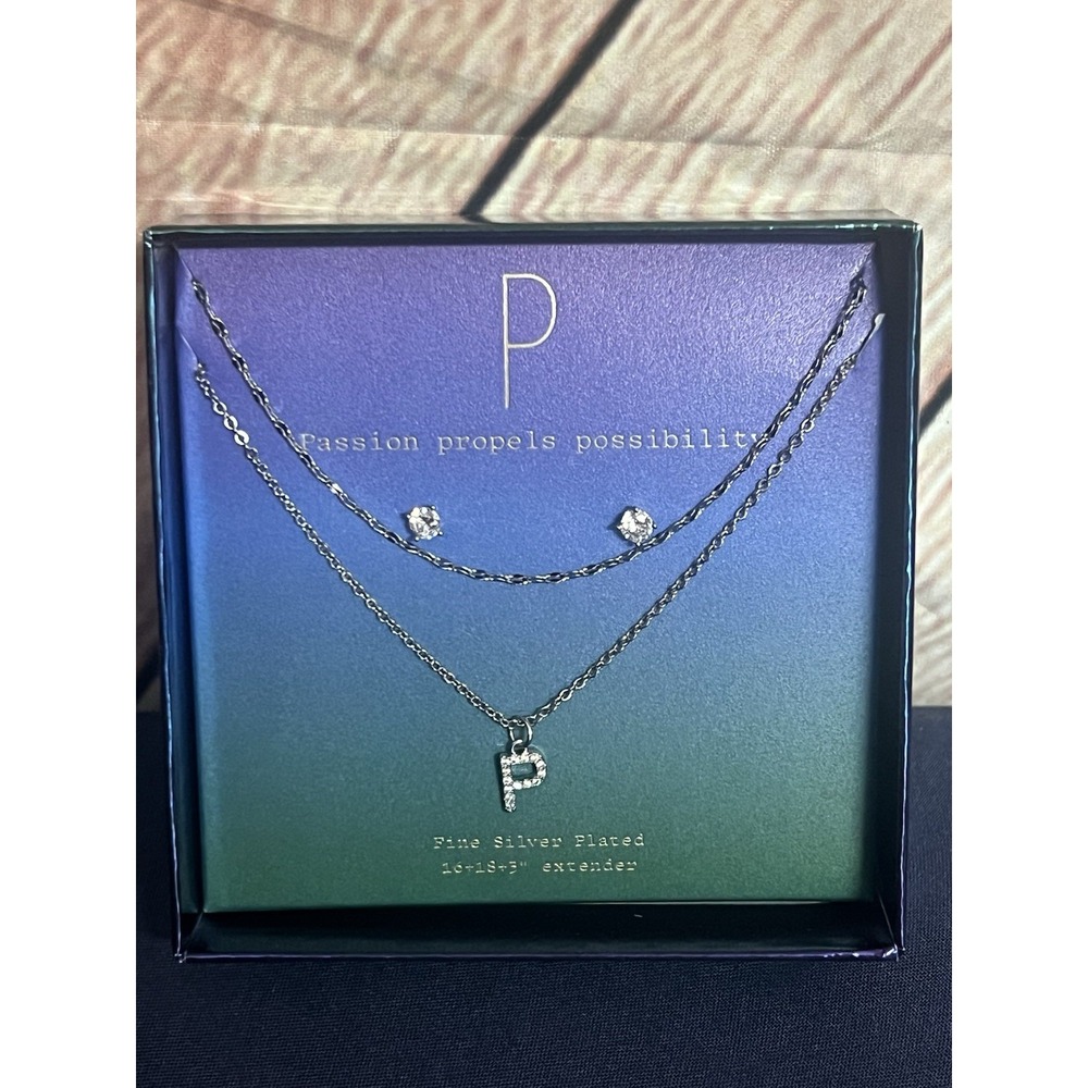 "P"Initial Necklace Silver Chain With Diamond Stud Earrings NIB